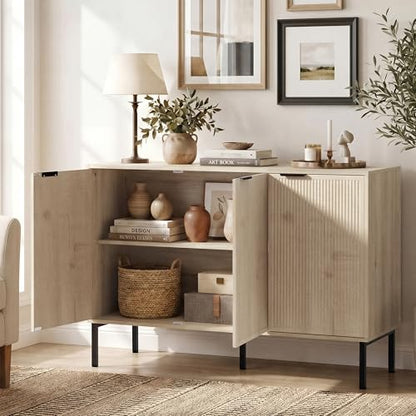Modern Buffet Sideboard Cabinet with Storage, Fluted Coffee Bar with 3 Doors and Adjustable Shelves, Wood Console Cabinet for Dining Room, Kitchen, Living Room, Entryway