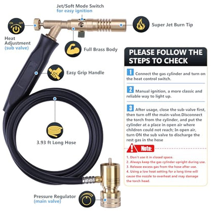 Propane Torch Hose Kit Long 3.93 ft- Heavy Duty MAPP Gas Torch Head with Adjustable Heat,Heat 2600℉ Soldering for Piping, Copper Tubing, Professional Grade DIY Soldering Kit - color: Gold