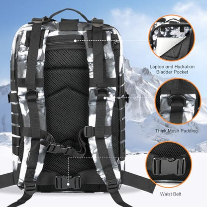 Hannibal Tactical MOLLE Assault Backpack, Tactical Backpack Military Army Camping Rucksack - color: Black/White Camo