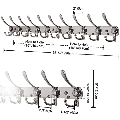 Dseap Coat Rack Wall Mount - 38” Long 10-Tri-Hooks Heavy Duty Coat Hanger Rail Wall Hooks for Hanging Coats Hats Clothing Clothes Purse Mudroom Entryway, Chromed - color: Chrome Finish, size: L=38” (1 Pcs)
