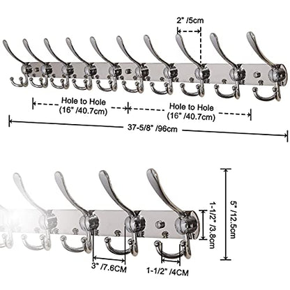 Dseap Coat Rack Wall Mount - 38” Long 10-Tri-Hooks Heavy Duty Coat Hanger Rail Wall Hooks for Hanging Coats Hats Clothing Clothes Purse Mudroom Entryway, Chromed - color: Chrome Finish, size: L=38” (1 Pcs)