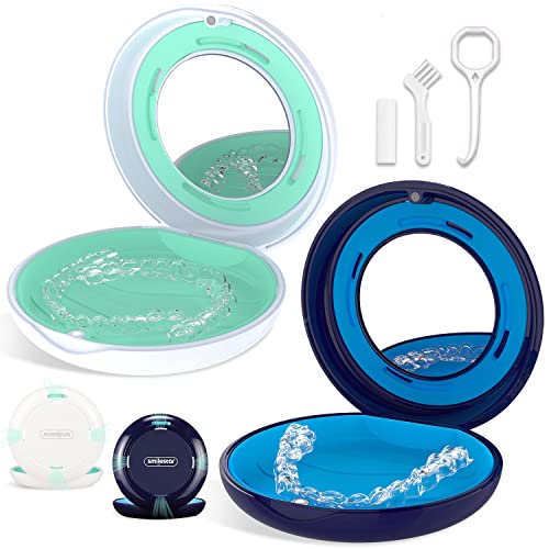 2 Pack Retainer Case with Mirror, Compatible with Invisalign, Aligner | Portable for Travel-with Vent Holes, Secure Magnetic Closure, Slim & Cute, Accessories: Retainer Remover Tool, Seater, Brush - color: Round: White+Blue