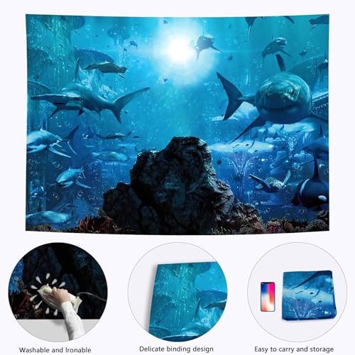 15x10ft Fabric Shark Theme Backdrop Deep-sea Ocean Shark Reef Aquarium Photography Background Birthday Theme Party Decoration Banner Kid Diver Portrait Photo Studio Props - size: 15x10 FT