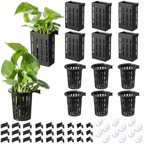 12 Set Upgraded Large Aquarium Plant Holder Contain 12 Hanging Aquatic Pot with 72 Hooks and 24 Aquatic Planter Suction Cups for Fish Tank Aquarium Cultivation and Aquascape Decoration (Black)