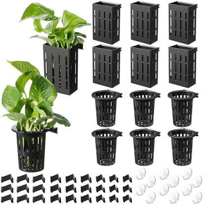 12 Set Upgraded Large Aquarium Plant Holder Contain 12 Hanging Aquatic Pot with 72 Hooks and 24 Aquatic Planter Suction Cups for Fish Tank Aquarium Cultivation and Aquascape Decoration (Black)