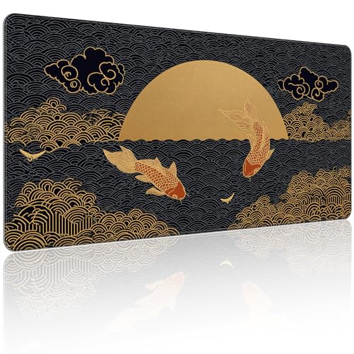 Waterproof Large Gaming Mouse Pad 31.5x15.7 Inch, XXL Mousepad with Non-Slip Rubber Base & Stitched Edges, Extended Desk Mat for Computer/Laptop/Office,Japanese Koi Fish