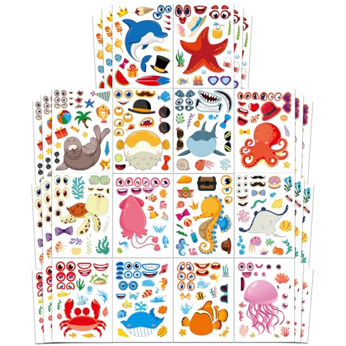 42 Pcs Ocean Animals Make-a-Face Sticker Sheets for Kids - 14 Sea Creature Designs for Party Favors, Classroom Activities, Arts & Crafts - style: Ocean Animals