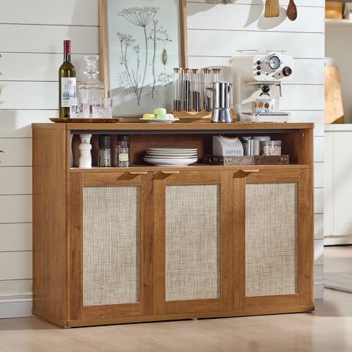 LEYAOYAO Rattan Sideboard Buffet Cabinet,45" Coffee Bar Cabinet with 3 Doors & Open Storage Shelf,Modern Credenza Console Table for Living Room Rattan Farmhouse entryway Brown - color: Tea Brown, size: 15.35"D x 45.30"W x 31.89"H（3 doors）, style: Farmhous