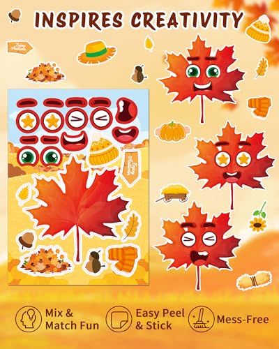 48 Sheets Fall Make a Face Stickers, 12 Designs Fun Fall Crafts for Kids, Autumn Festival Party Favors, Classroom Activities & Games - style: Fall Harvest