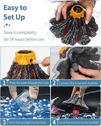 Uniclife Aquarium Volcano Ornament Kit Volcanic Eruption Decoration with Mini Air Pump Red LED Spotlight Air Stone Bubbler Airline Tubing Check Valve Fish Tank Resin Decor for Landscape and Aeration