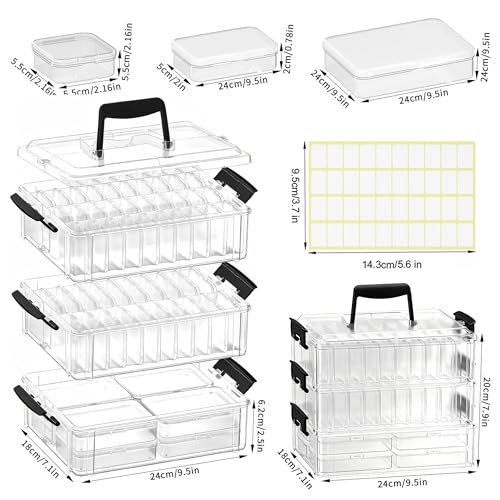 Bead Organizer Box 58 Pcs, 3-Tier Stackable Storage Box, and 3 Different Container Sizes Small Plastic Containers with Lids, Portability, Clear Organizers for Jewelry DIY Craft Storage