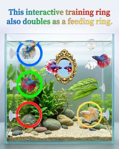 7 Pcs Betta Fish Enrichment Toys, 1 Mirror with Floating Ball, 1 Clouds Decoration, 4 Exercise Training Rings, 1 Resting Leaf, Tank Accessories Set