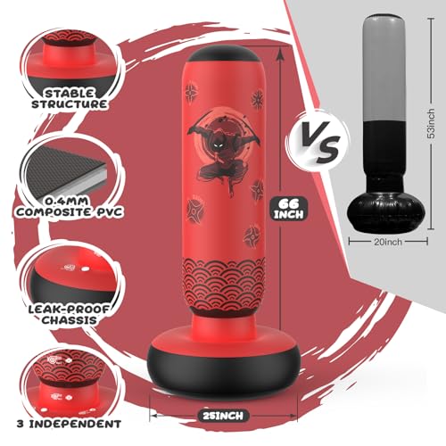 Sunikko X Tall Punching Bag for Kids, Larger 66 Inch Inflatable Stable Boxing Bag for Teens, Ninja Shuriken Toy Gifts for Boys Girls, Boxing Set with Gloves and Pump for Practicing Karate Taekwondo