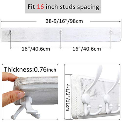 WEBI Coat Rack Wall Mounted,38 9/16" Long,10 Triple Hooks,Wood Coat Hooks Wall Mount,Large Coat Hanger Wall,Hook Rack,Tri Hooks for Hanging Coats,Clothes,Jacket,Entryway,Rustic White,2 Packs - color: White/White, size: 10 Hooks(2 Packs)