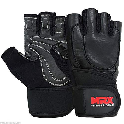 MRX Weight Lifting Pro Level Gloves with 18 Inches Long Wrist Strap Gym Workout Exercise & Fitness in - color: Black/Leather, size: Large