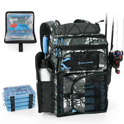 Calamus GearMaster Tackle Backpack with Bait Binder, Large Lightweight Water-Resistant Fishing Bag, Rod Holders, Food Storage - color: Black Camo With (4) 3600 Tackle Boxes