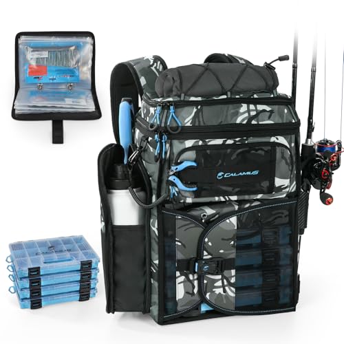 Calamus GearMaster Tackle Backpack with Bait Binder, Large Lightweight Water-Resistant Fishing Bag, Rod Holders, Food Storage - color: Black Camo With (4) 3600 Tackle Boxes