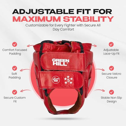 Green Hill Five Star Leather Boxing Headgear for Men & Women | AIBA-approved leather head guard for boxing, MMA and Muay Thai with secure fit and impact protection during sparring. - color: Red