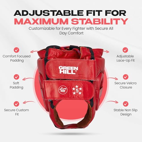 Green Hill Five Star Leather Boxing Headgear for Men & Women | AIBA-approved leather head guard for boxing, MMA and Muay Thai with secure fit and impact protection during sparring. - color: Red