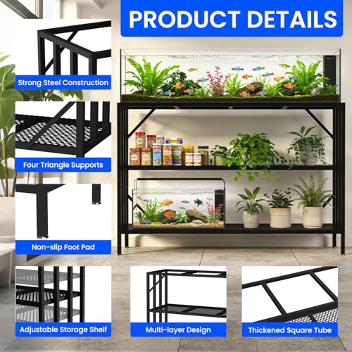 55-75 Gallon Aquarium Stand, Heavy Duty 3 Tier Fish Tank Stand with Adjustable Storage Shelf, Metal Frame Holds 1000 LBS, Stable Anti-Slip Design (55-75 Gallon)