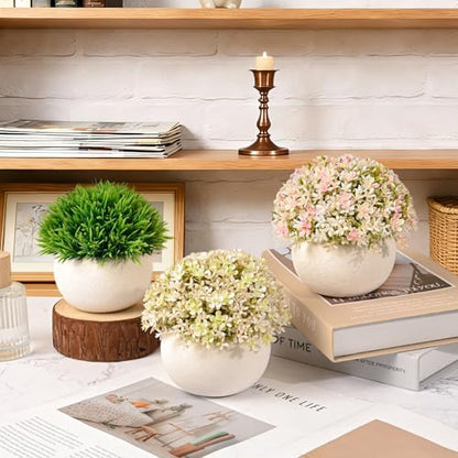 Fake Plants-3-Pack Mini Artificial Pulp Pot Decor, 2 Lilac Flower Balls & 1 Grass, No Maintenance for Desk Bathroom Home Office Shelf