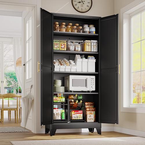 71" Tall Metal Storage Cabinet with 2 Doors and 4 Adjustable Shelves, Kitchen Pantry Cabinet Black Freestanding Cupboard, 5 Tier Multifunctional Steel Storage for Office, Kitchen, Dining Room - color: Black, size: 14.33''D*28.75''W*70.87''H