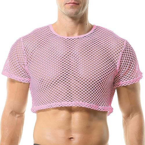 Men's Fishnet Shirts Mesh Crop Top See Through Round Neck Short Sleeve Sexy Muscle Tee for Men Daily - color: Pink, size: Large