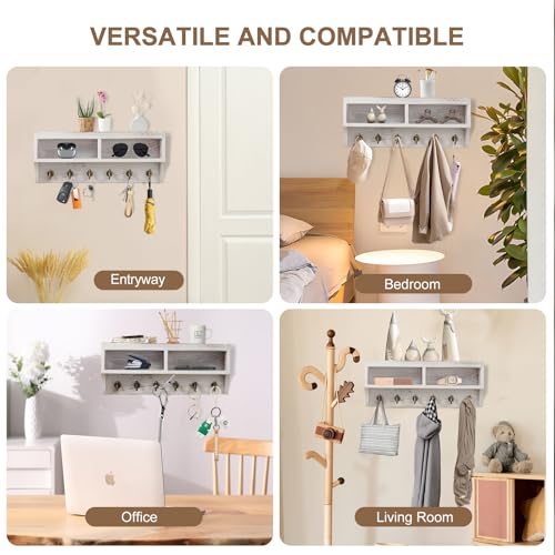 Key Holder Wall Mount with Mail Organizer, 6 Hooks & Shelf, White - color: White