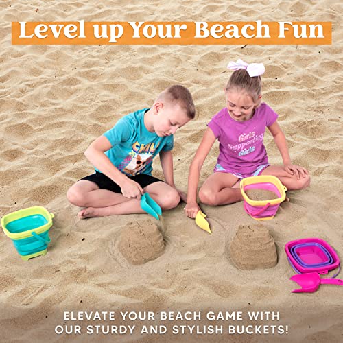 Sloosh 3 Packs Foldable Bucket - Collapsible Bucket with Sand Shovels and Mesh Backpack for Kids Toddlers Beach Toys, Easter Egg Hunt, Camping, Travelling and Fishing Water Pail (Pink/Purple/Green)