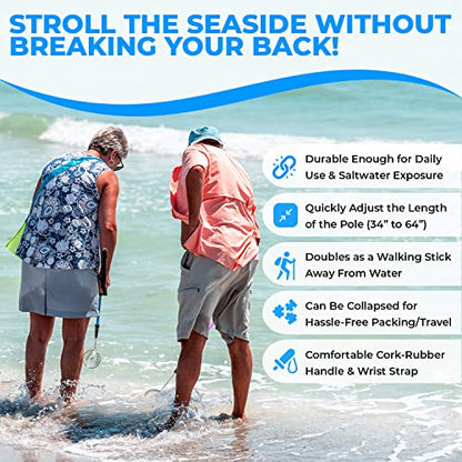 Full Size Beach Scoop Shovel & Sifter Tool for Beachcombing – Adjustable Sea Glass, Shell, Shark Tooth Sifter for the Beach – Can Be Used as a Walking or Hiking Stick Too – Blue, 4” Basket