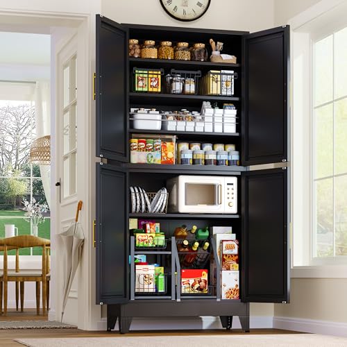 75.2" Tall Metal Pantry Cabinet, Storage Cabinets with 4 Door and 4 Adjustable Shelves, Black Kitchen Pantry Storage Cabinet, Freestanding Cupboard for Kitchen Dining Room Living Room Bathroom - color: Black-4d, size: 15.7"D x 31.5"W x 75.2"H