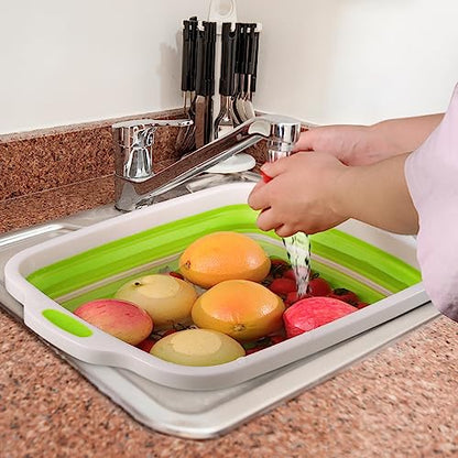 2 Pack Collapsible Cutting Board, Foldable Dish Tub with Draining Hole, Portable Chopping Board with Colander, 3 in 1 Multifunction Camping Sink for Washing Dish, Bowl, Vegetables and Fruit - color: White/Green and White/Grey