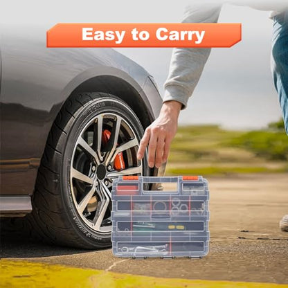 Small Parts Organizer, 34 Compartments Double Side Tool Box with Removable Dividers and Transparent Lid, Plastic Tackle Box Organizer for Hardware, Screws, Bolts, Nails, Nuts, Beads, Jewelry, Orange