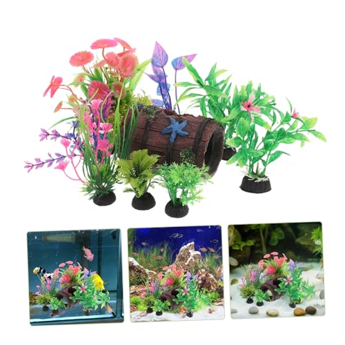 Kisangel 9pcs Broken Barrel Aquarium Decorations with Artificial Plants Betta Cave Hideout Fish Tank Barrel Ornament for Fish Shrimp Betta Goldfish and Reptiles Hideouts Accessories