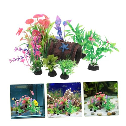 Kisangel 9pcs Broken Barrel Aquarium Decorations with Artificial Plants Betta Cave Hideout Fish Tank Barrel Ornament for Fish Shrimp Betta Goldfish and Reptiles Hideouts Accessories