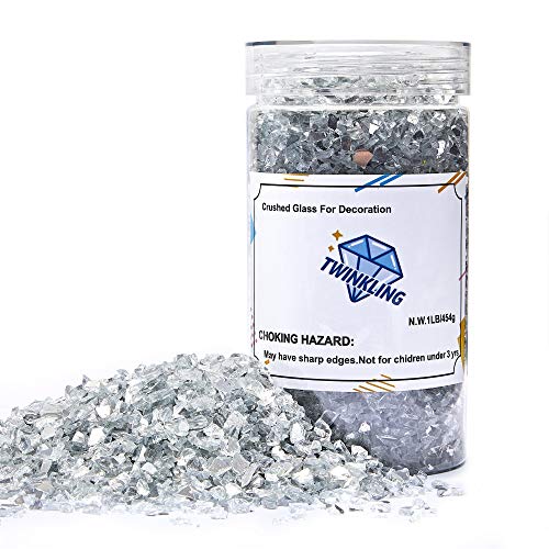 TWINKLING High Luster Fire Glass Gravel Stone Glitter,Broken Glass,Fire Gems Chips,Crushed Glass for Fire Pit Crafts Resin Art Aquarium Garden Decoration,3-6mm,1-Pound Jar (Mirror)