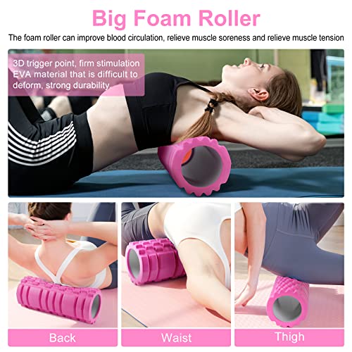 Aucuu 6 in 1 Foam Roller Set Includes Hollow Core Massage Roller, Yoga Stick, Massage Ball, Fitness Stretching Strap, Carrying Bag, Towel, Massage Roller (Pink) - color: Pink