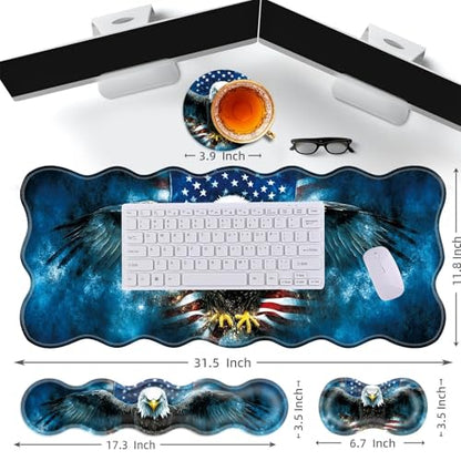 Large Gaming Mouse Pad, Keyboard Wrist Rest Pad & Wrist Support Mousepad Set, Stitched Edge, Extended, Non-Slip Base, Memory Foam Desk Mat for Office, Home,American Flag Bald Eagle - color: American Flag Bald Eagle