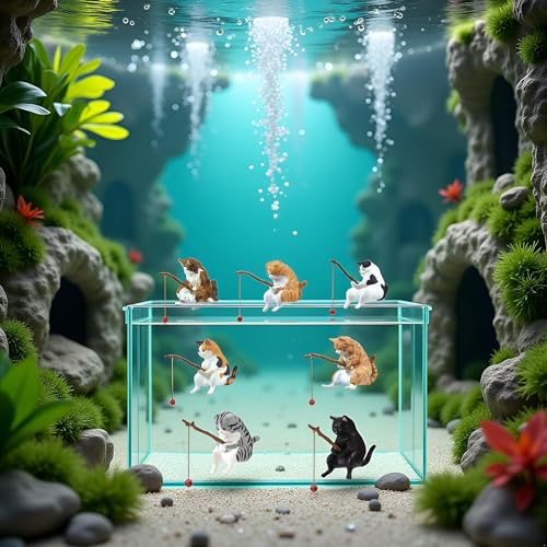 7 Pcs Cat Fishing Figurine, Cute Cat Statue Decor, Resin Mini Fish Tank Decorations Craft Sculpture for Aquarium Tanks Desk Yard Pond Indoor Outdoor