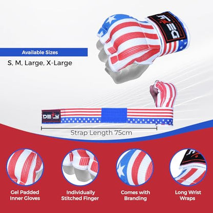 DEFY Padded Inner Gloves Quick 75cm Long Strap – Inner Boxing Gloves Gel Padded Knuckle Protection – Elasticated Boxing Hand Wraps for MMA Muay Thai Kickboxing Martial Arts Pair - color: US Flag, size: X-Large