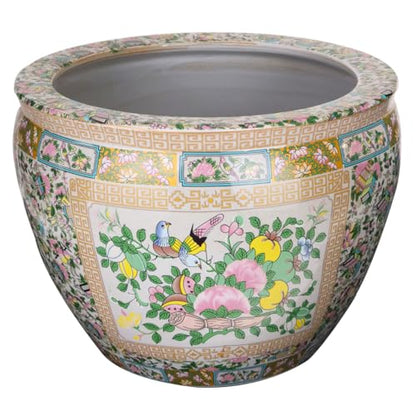 Large Porcelain Floral Rose Medallion Fishbowl Cachepot Planter