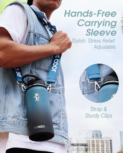 Coolflask 32 oz Water Bottle Insulated Stainless Steel with Strap - color: Blue, size: 32 Ounces