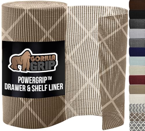 GORILLA GRIP powerGRIP Drawer Shelf and Cabinet Liner, Thick Strong Hold, Non-Adhesive Liners Protect Kitchen Cabinets and Cupboard, Bathroom Drawers, Easy Install, Breathable Mat, 12" x10', Beige - color: Diamond: Beige/Ivory, style: 12" x 10'