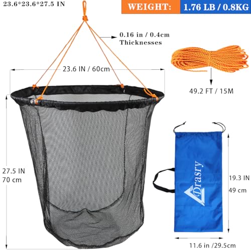 Foldable Bridge and Pier Fishing Landing Net - High Load-Bearing Aluminum Ring Drop Net for Saltwater Freshwater - Collapsible Basket With 49.2 FT Rope