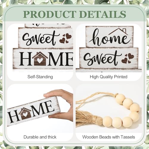 5 Pcs Farmhouse Wooden Table Decor Rustic Tiered Tray Decor Neutral Block Sign Centerpiece with Bead Garland Faux Eucalyptus Leaves for Home Sweet Kitchen Entryway Living Room Shelves