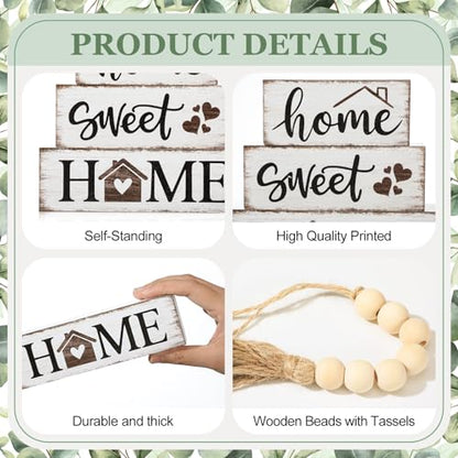 5 Pcs Farmhouse Wooden Table Decor Rustic Tiered Tray Decor Neutral Block Sign Centerpiece with Bead Garland Faux Eucalyptus Leaves for Home Sweet Kitchen Entryway Living Room Shelves