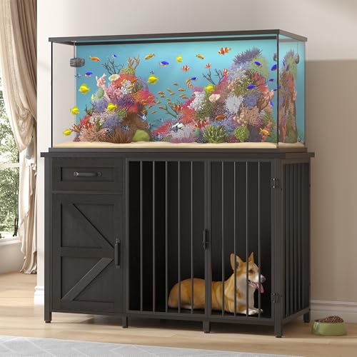 55-75 Gallon Fish Tank Stand with Dog Crate, Multifunctional Aquarium Stand with Cabinet and Power Outlets for Larger Aquariums and Versatile Use (Black) - color: Black, size: 48.8"L x 19.7"W x 32.7"H