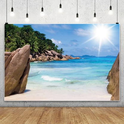 7x5ft Seaside Scenery Backdrop Spring Sunshine Coast Rocky Seashore Island Landscape Background for Photography Sea Beach Kids Holiday Travel Vacation Trip Photo Portrait Shooting Vinyl - size: 7x5ft