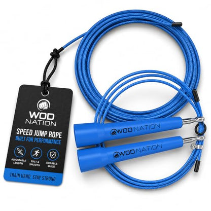 WOD Nation Adjustable Speed Jump Rope For Men, Women & Children - Blazing Fast Fitness Skipping Rope Perfect for Boxing, MMA, Endurance - color: Blue