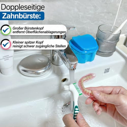 Denture Cups for Soaking Dentures, Partial Denture Holder Case Retainer Mouthguard Cleaning Box Case with 2 Small Brushes - Blue and Dark Blue - color: Blue & Dark Blue